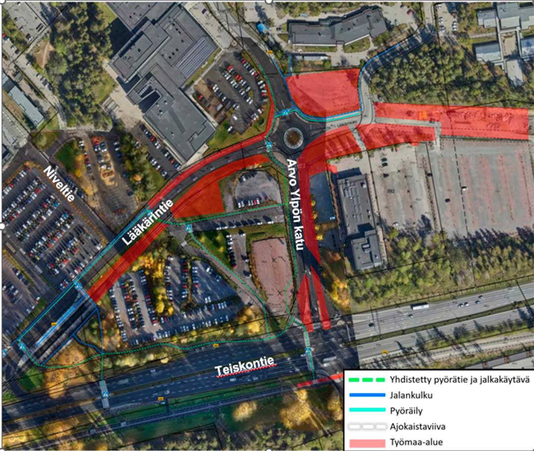 Ilmakuva Arvo Ylpön kadusta ja Lääkärintiestä. Kuvaan merkitty punaisella värillä työmaa-alueet ja sinisellä värillä uudet jalankulkureitit.