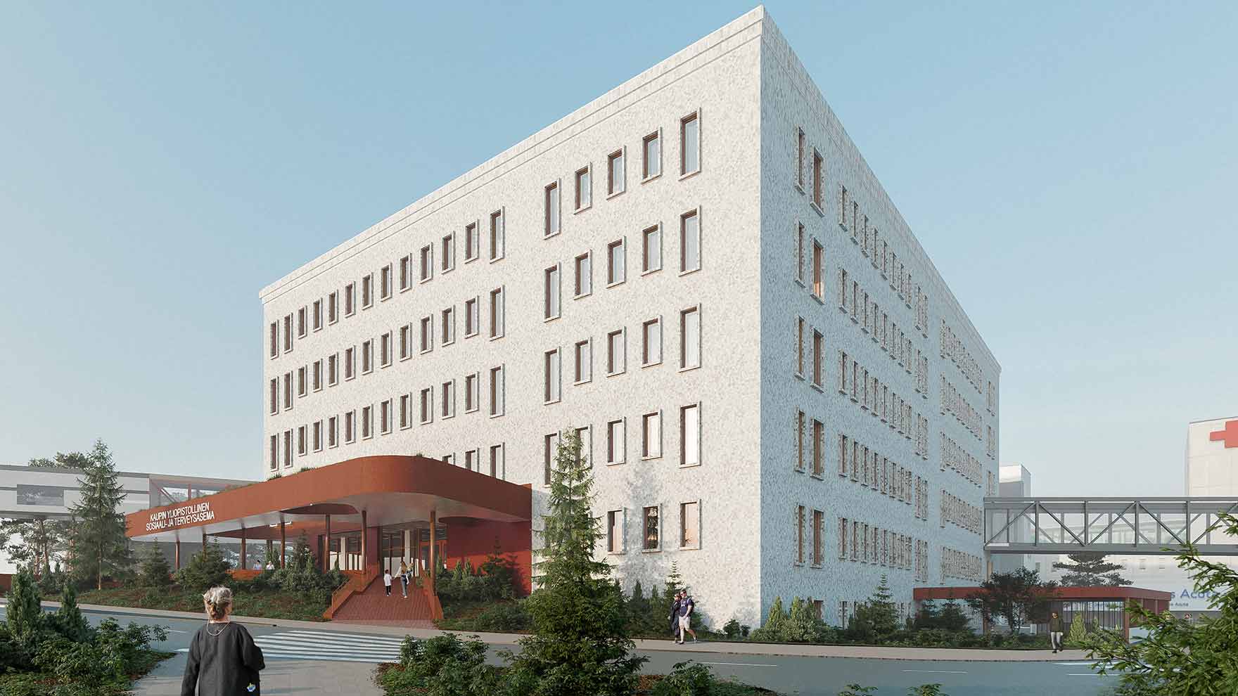 Havainnekuva vaaleasävyisestä sosiaali- ja terveysaseman rakennuksesta sisäänkäynnin puolelta.