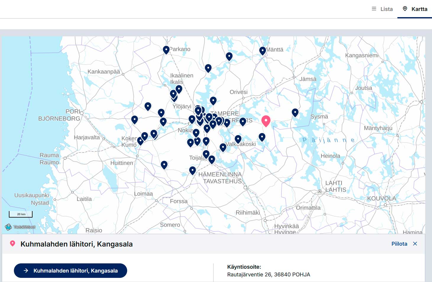 Toimipistehakemiston kartta, jossa esillä kaikki Pirkanmaan lähitorit.