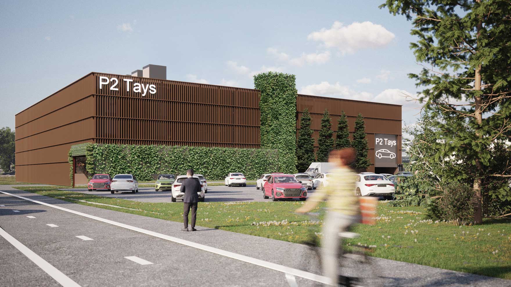 Havainnekuva ruskeasävyisestä P-rakennuksesta.