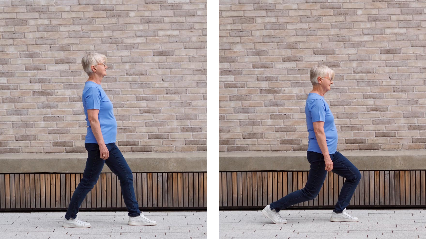 Kuvapari, jossa henkilö astuu pitkän askeleen eteen päin ja suorittaa askelkyykyn.