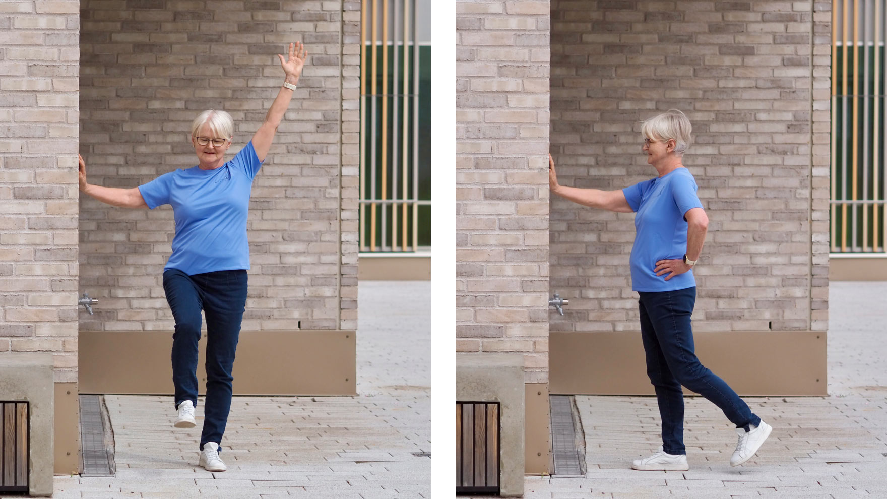 Kuvapari, jossa vasemmassa kuvassa henkilö tekee polven noston ja vartalon ojennuksen seinään tukeutuen. Oikeassa kuvassa henkilö tekee lonkan ojennuksen seinään tukeutuen. 