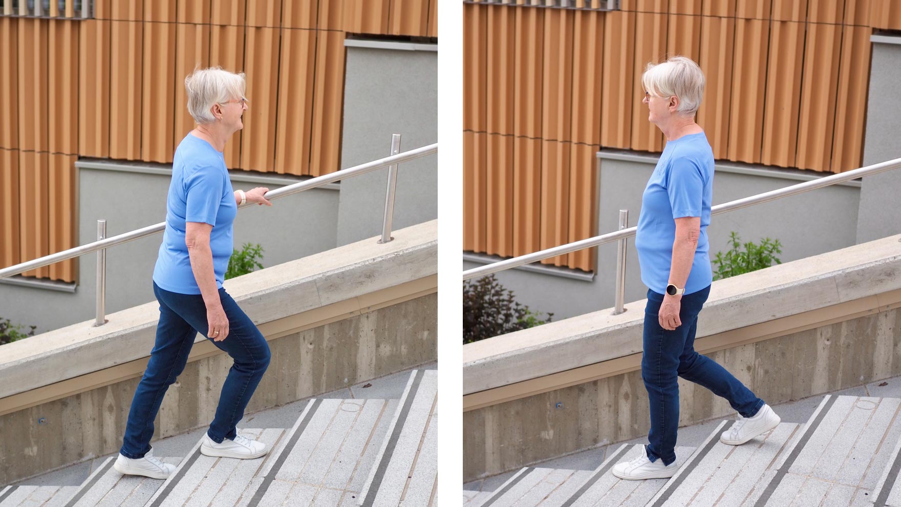 Kuvapari, jossa ensimmäisessä kuvassa henkilö nousee portaita pitäen kiinni kaiteesta ja toisessa laskeutuu portaita pitäen kiinni kaiteesta.