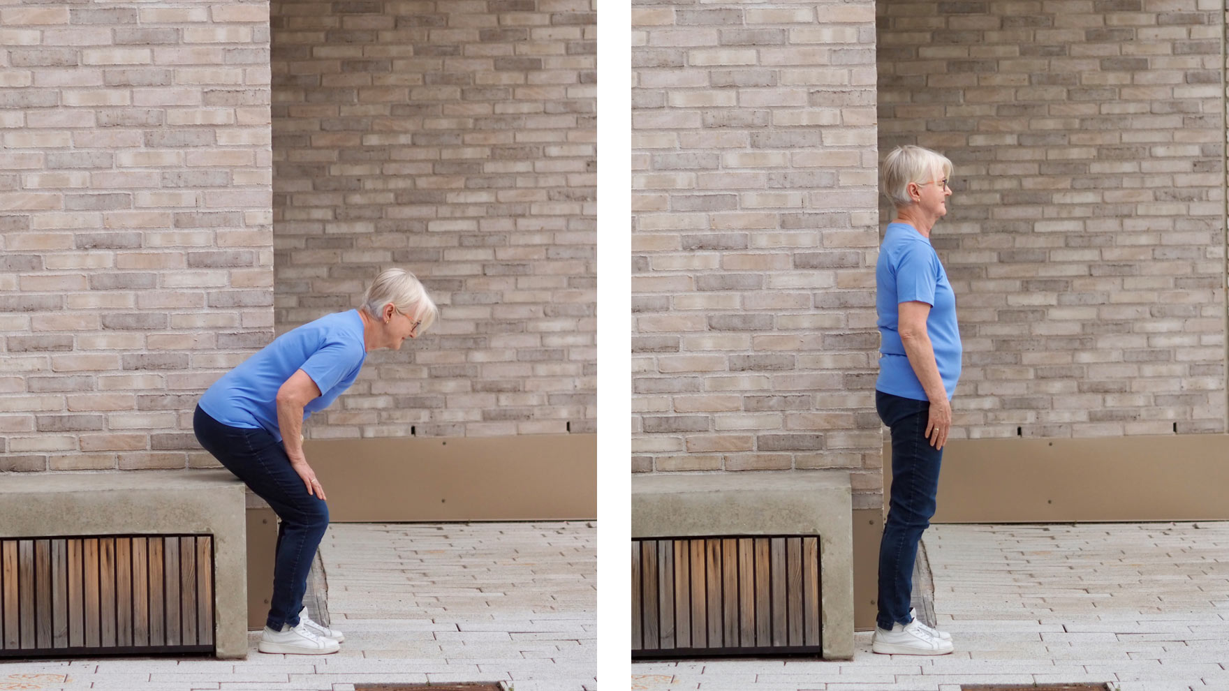 Kuvapari, jossa henkilö tekee seisomaan nousua.