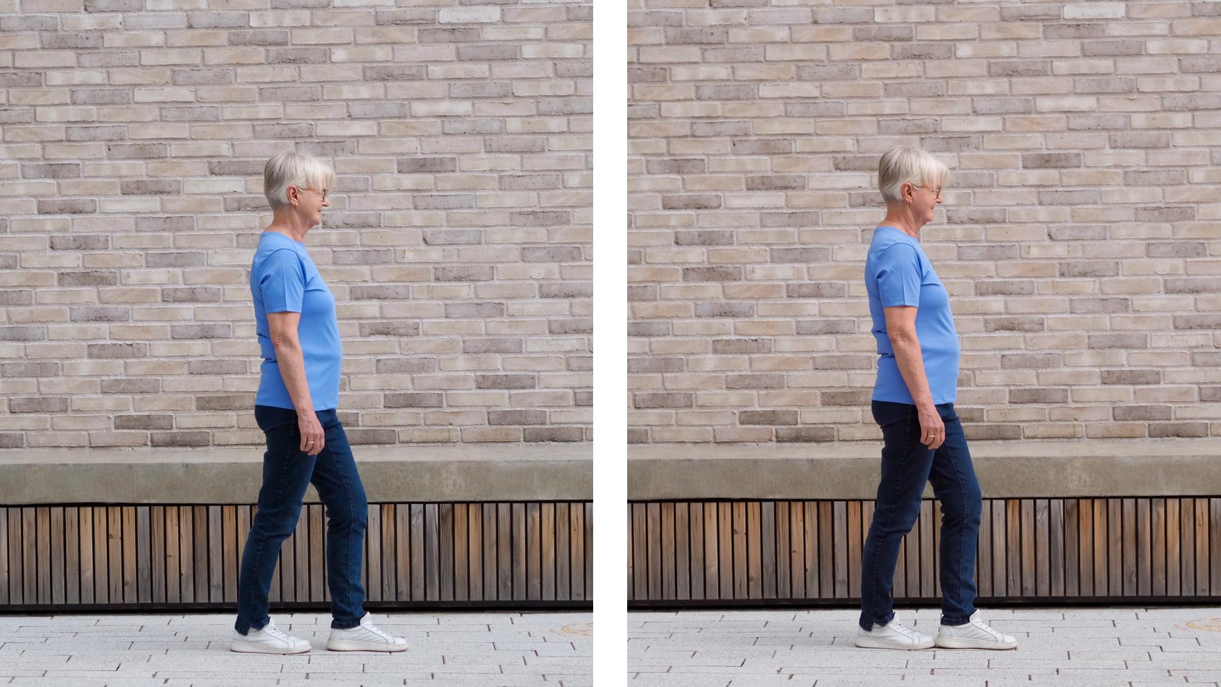 Kuvapari, jossa ensimmäisessä kuvassa henkilö astuu seisomaan niin, että toinen jalka on lähes samassa linjassa toisen jalan edessä. Toisessa kuvassa jalat ovat lähempänä toisiaan.