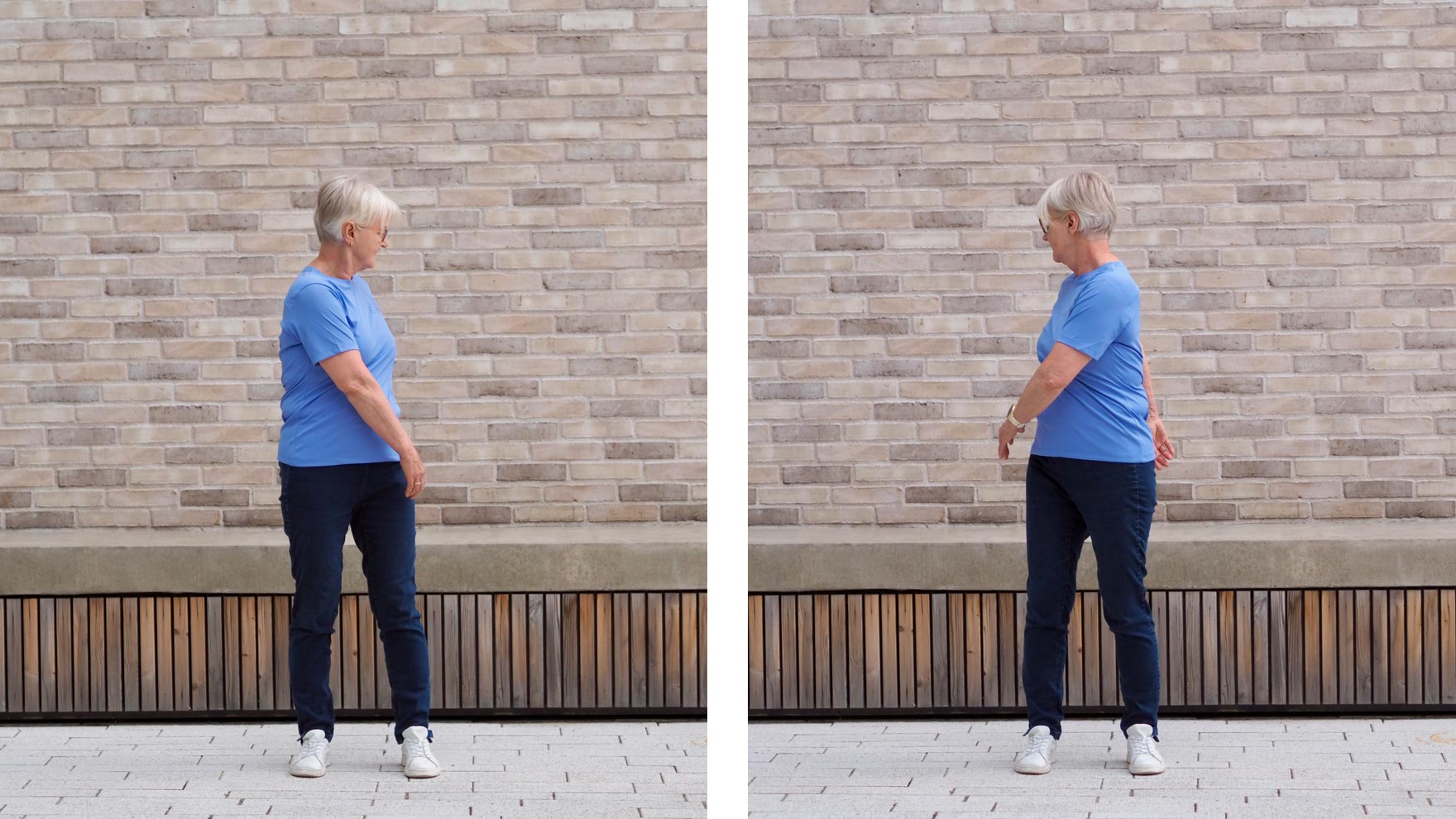 Kuvapari, jossa henkilö kiertää ylävartaloa puolelta toiselle.