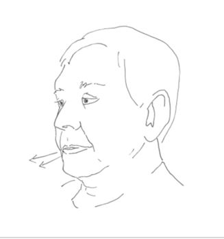 Piirroskuva ihmisen kasvoista. Kuvan henkilö puhaltaa ilmaa huuliensa välistä.