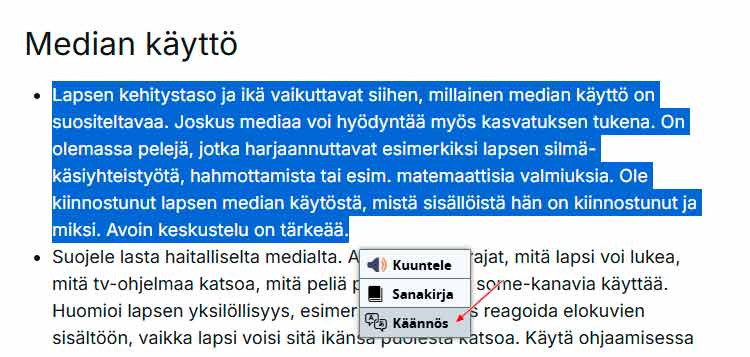 Esimerkkikuva, tekstin maalaamisesta ja Käännös-toiminnon näkymisestä sivuilla.